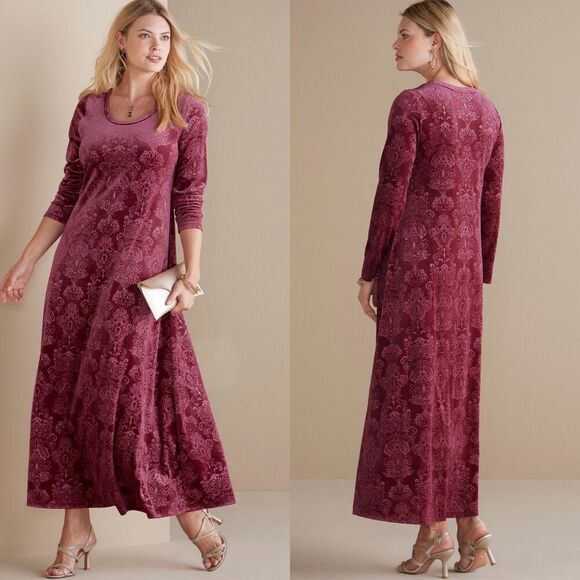 Soft Surroundings Womens Size XS Petite Santiago Embossed Velvet Maxi Dress Boho - Picture 1 of 17